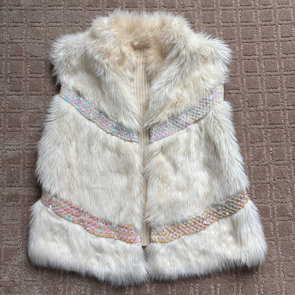 Phosphorus Faux Fur Sequin Vest Womens XL Cream Wool Blend Festival Rave Concert